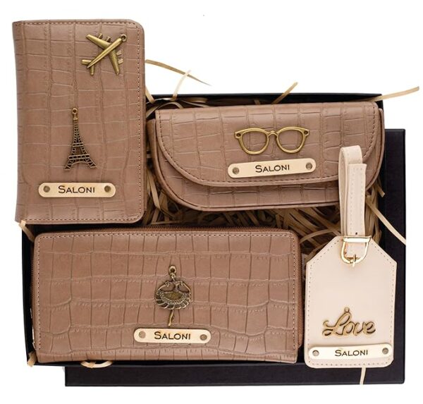 AICA Personalized Name & Charm Self-Textured Leather Wallet Giftset for Women